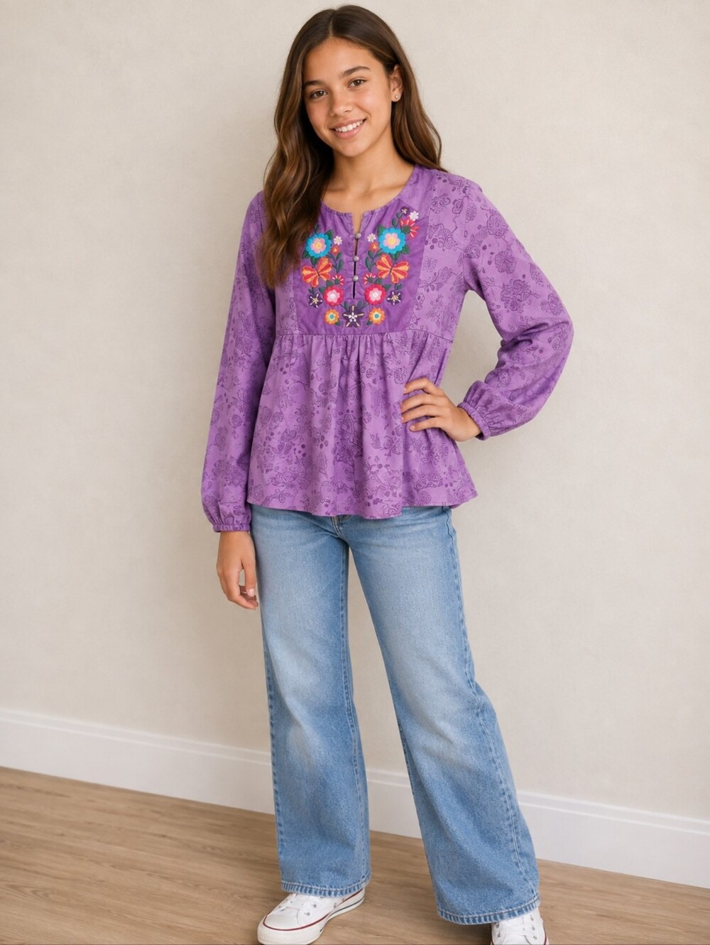 New Boho Embroidered Butterfly Tunic long Sleeve Cotton Poplin Top Girls 14